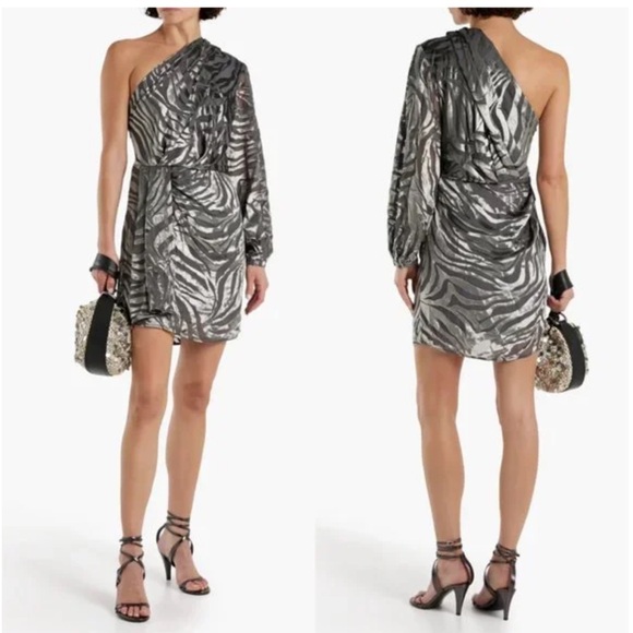 IRO Gray Nimas One Sleeve Draped Devoré Velvet Mini Dress Dize 38 - Picture 3 of 13